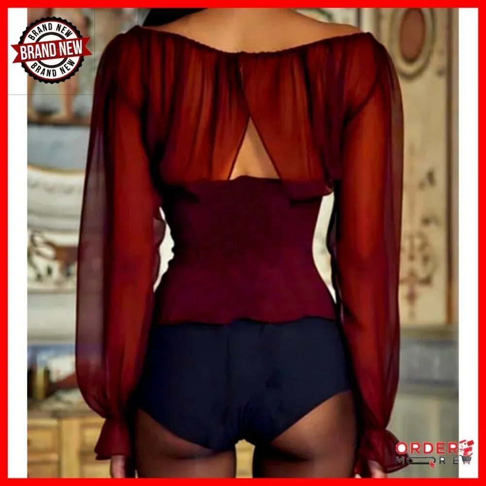 Sheer Long Sleeve Corset Top Y2K Tie Front Blouse Elegant Evening Wear